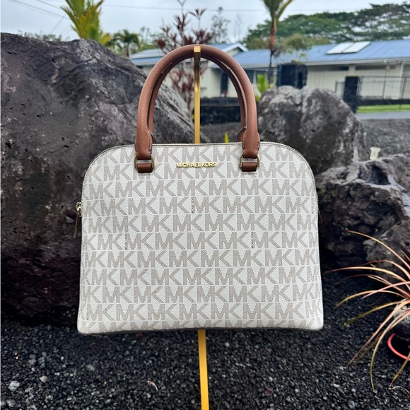 Michael Kors Handbags - Michael Kors Signature Dome Satchel Vanilla Brown Crossbody Strap Minor Flaws